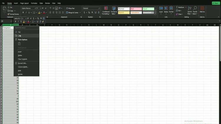 Excel column A copied and pasted into column B, ready for formatting