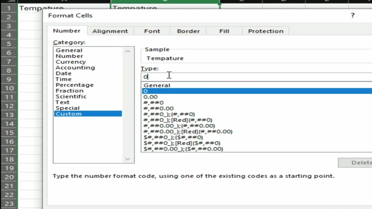 Excel Format Cells dialog open on the Custom category with the format code being entered