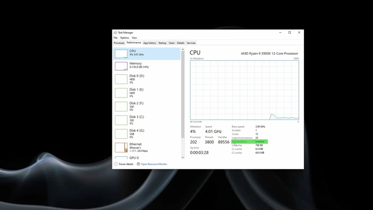 Windows 10 Task Manager Performance tab showing CPU virtualization as Enabled