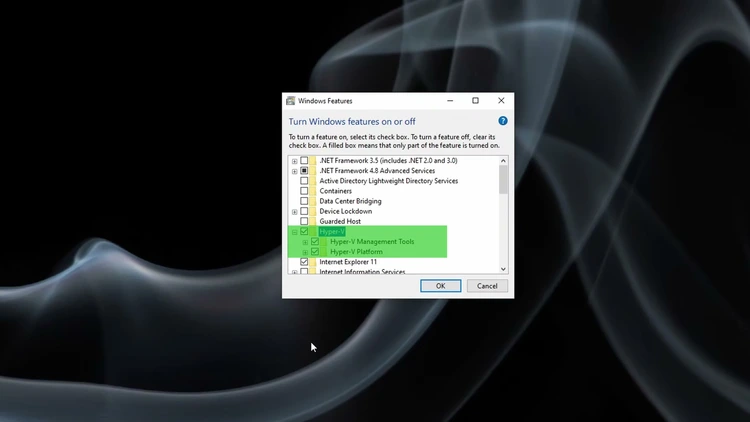 Windows Features dialog with Hyper-V, Hyper-V Management Tools, and Hyper-V Platform checkboxes all selected
