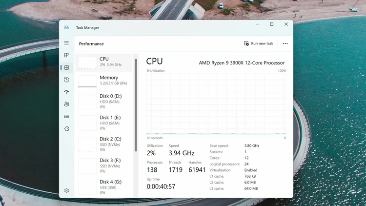 Task Manager Performance tab showing the CPU details with Virtualization listed as Enabled on Windows 11.