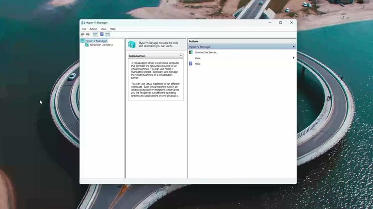Hyper-V Manager window open on Windows 11, confirming the feature is active and ready to create virtual machines.