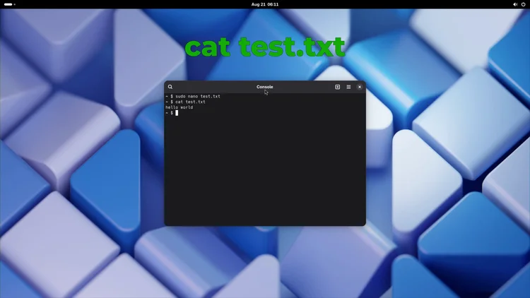 Terminal showing the non-root prompt (~ $), the command cat test.txt, and its output hello world