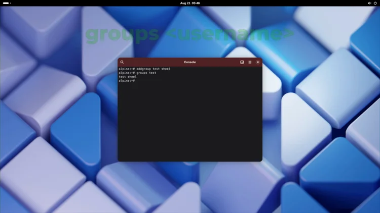 Terminal output of groups test confirming the user is a member of the wheel group