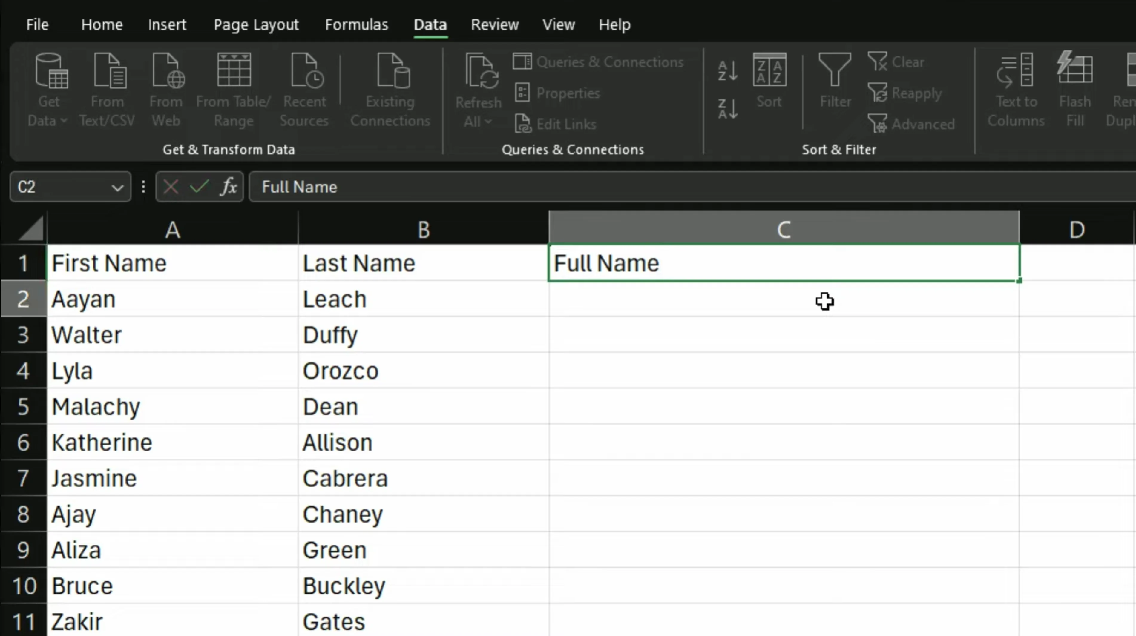 Column C header labeled Full Name in the Excel spreadsheet