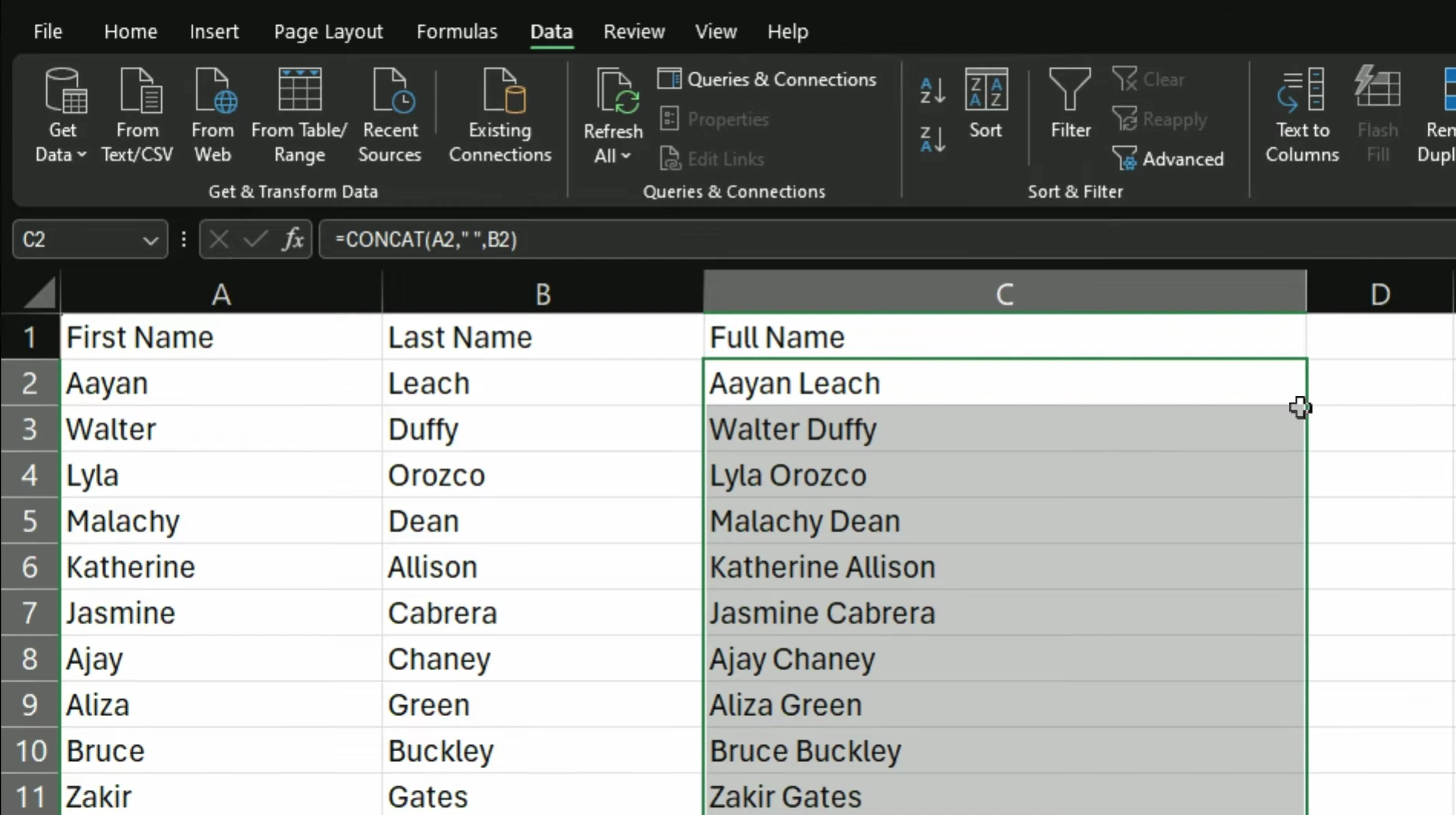 Fill handle double-clicked to copy CONCAT formula down through all rows
