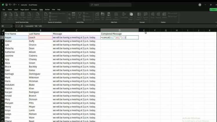 Cell D2 showing the combined result of the CONCAT formula with three columns