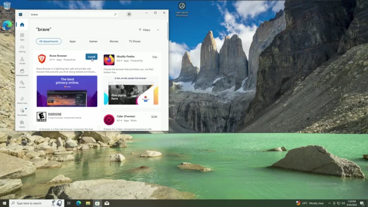 Brave Browser listing page in the Microsoft Store with Install button