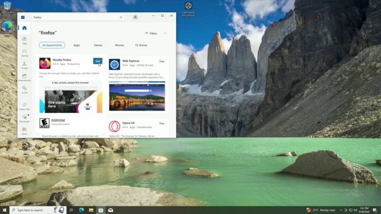 Screenshot of the Mozilla Firefox page in the Microsoft Store with the Get button visible