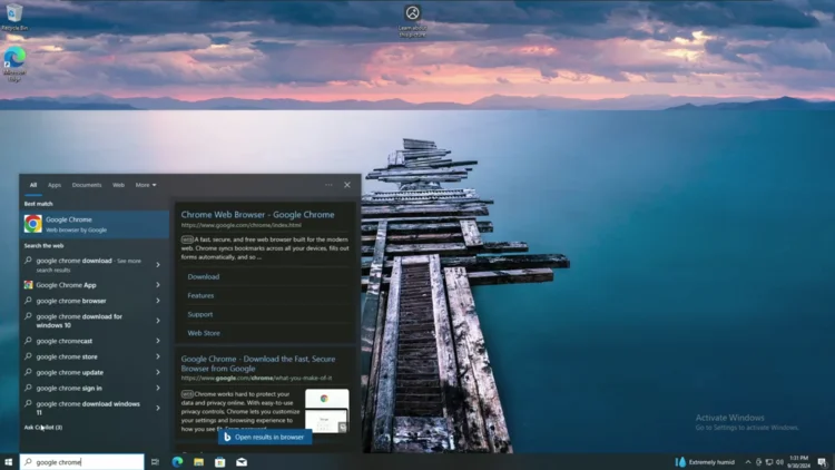 Screenshot of Windows 10 Start menu search results showing Google Chrome as the top match