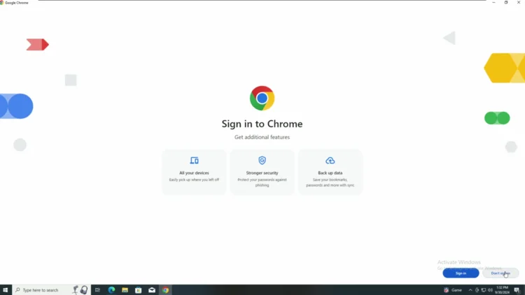 Screenshot of Chrome's sign-in prompt showing the Skip button in the bottom-left corner