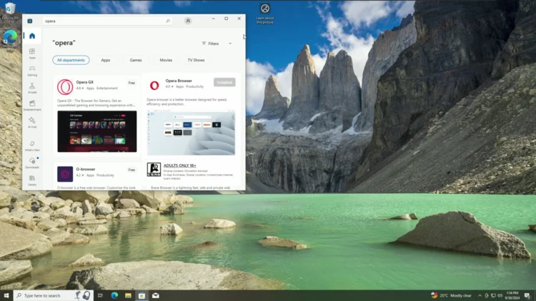 Screenshot of the Microsoft Store showing Opera installation complete