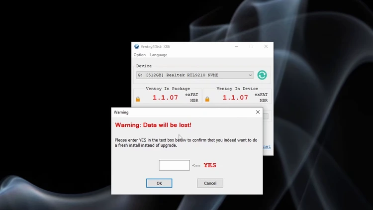 Ventoy2Disk warning dialog asking the user to type YES to confirm erasing all data on the selected drive