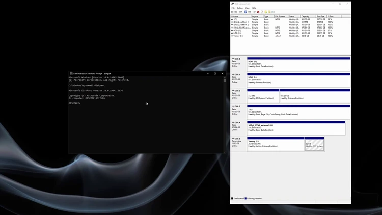 Elevated Command Prompt window showing DISKPART launched next to Disk Management for confirming the disk number.
