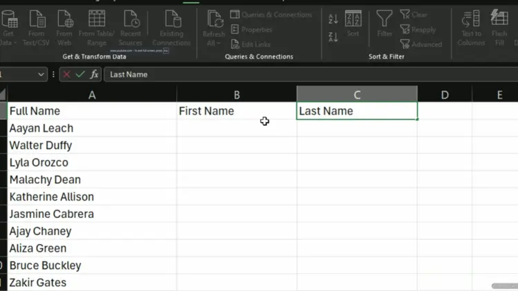 Column headers set up in columns B and C for First Name and Last Name