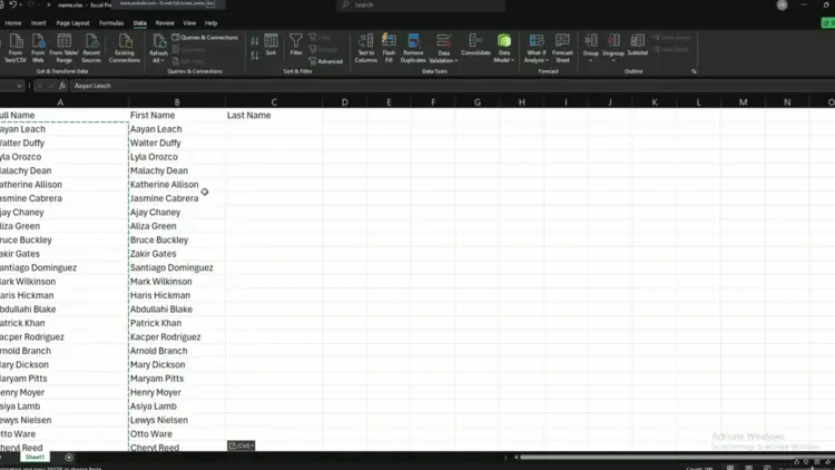 Full name data selected and copied in column A