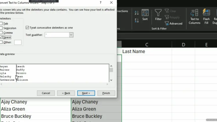 Text to Columns wizard dialog with Space delimiter selected