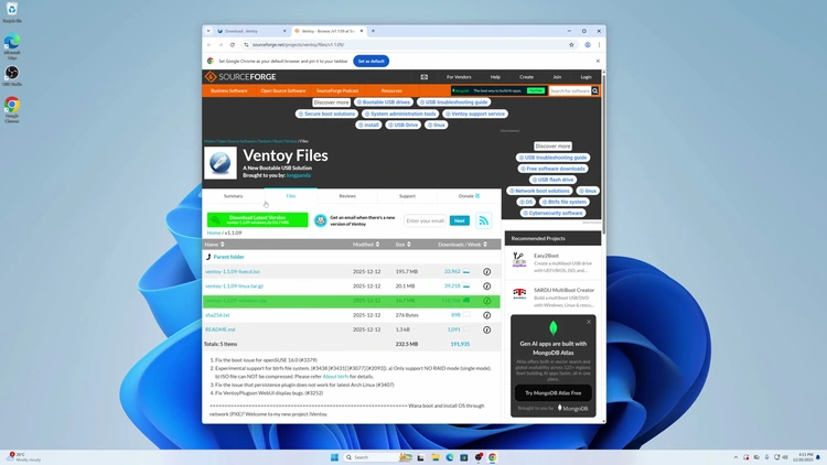 SourceForge Ventoy Files download page with ventoy-1.1.09-windows.zip highlighted for download