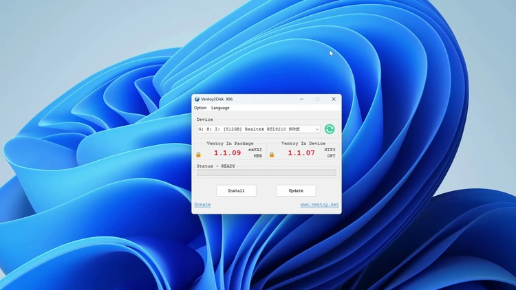 Ventoy2Disk installer window with the Realtek RTL9210 NVMe drive selected in the device dropdown, ready to install