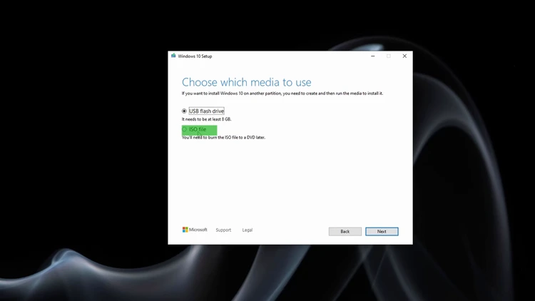 Windows 10 Media Creation Tool screen showing the ISO file option selected under Choose which media to use.