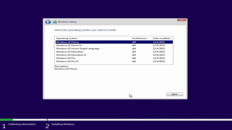 Windows Setup edition selection screen with Windows 10 Pro highlighted, shown after skipping the product key entry.