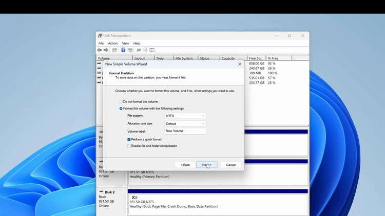 New Simple Volume Wizard Format Partition screen showing NTFS file system, default allocation unit size, and Perform a quick format selected.