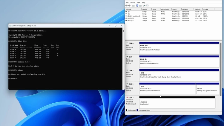 DiskPart utility showing select disk 4 and clean commands completed successfully, with the disk now unallocated.