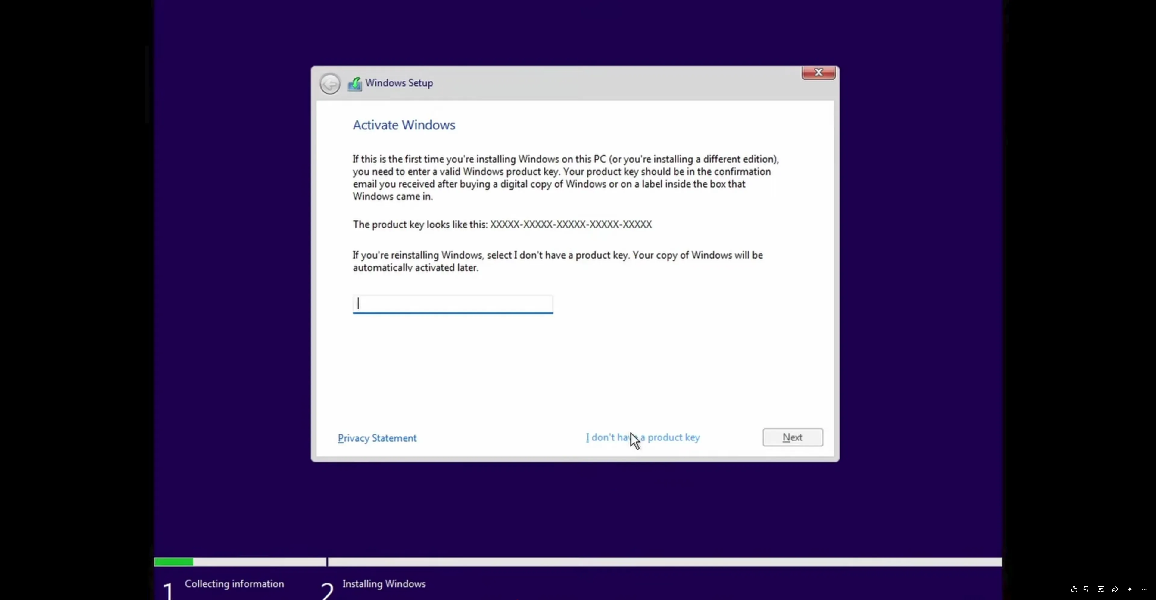 Product key screen — clicking "I don't have a product key"