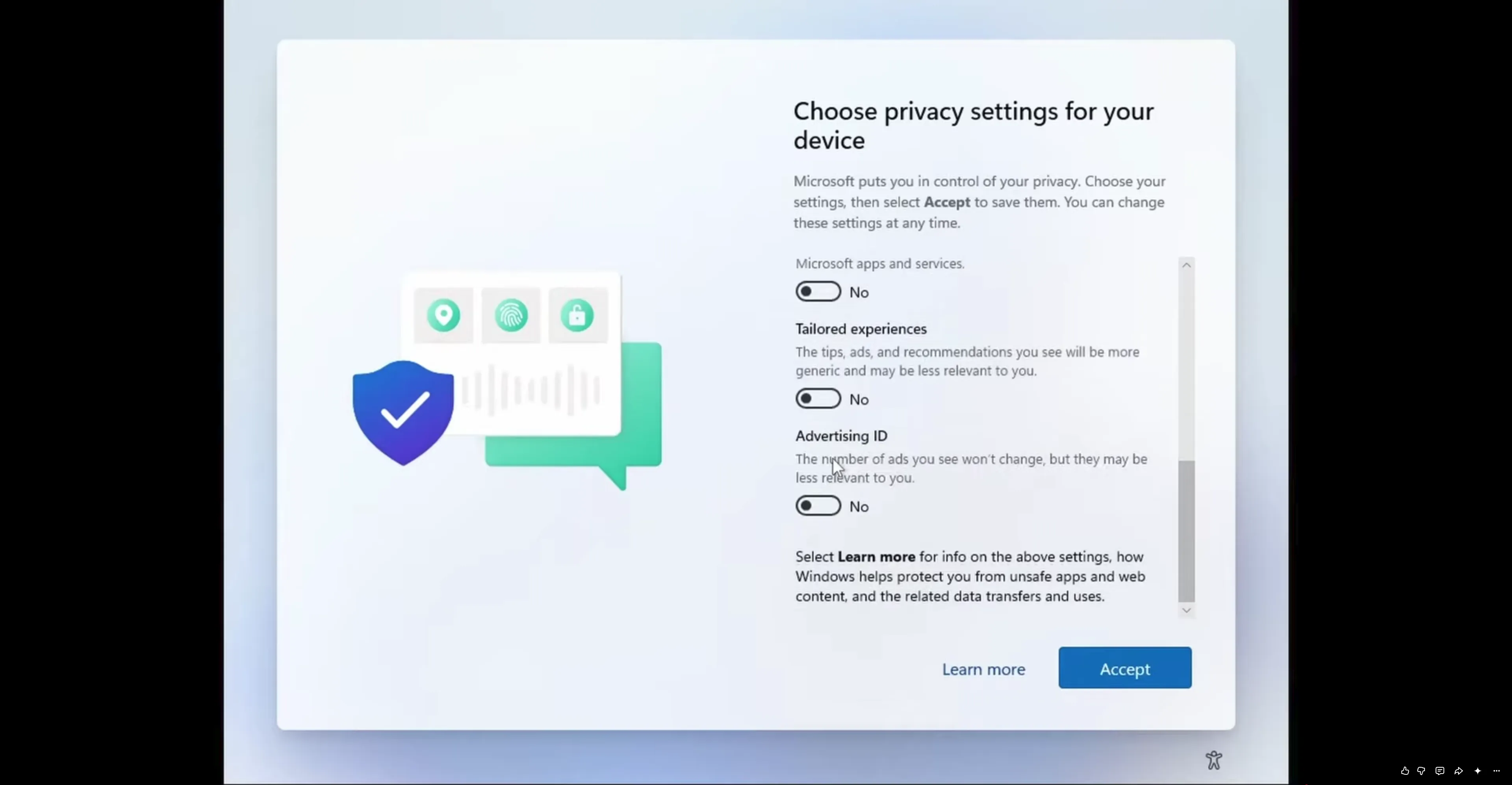 Privacy toggles — all set to Off